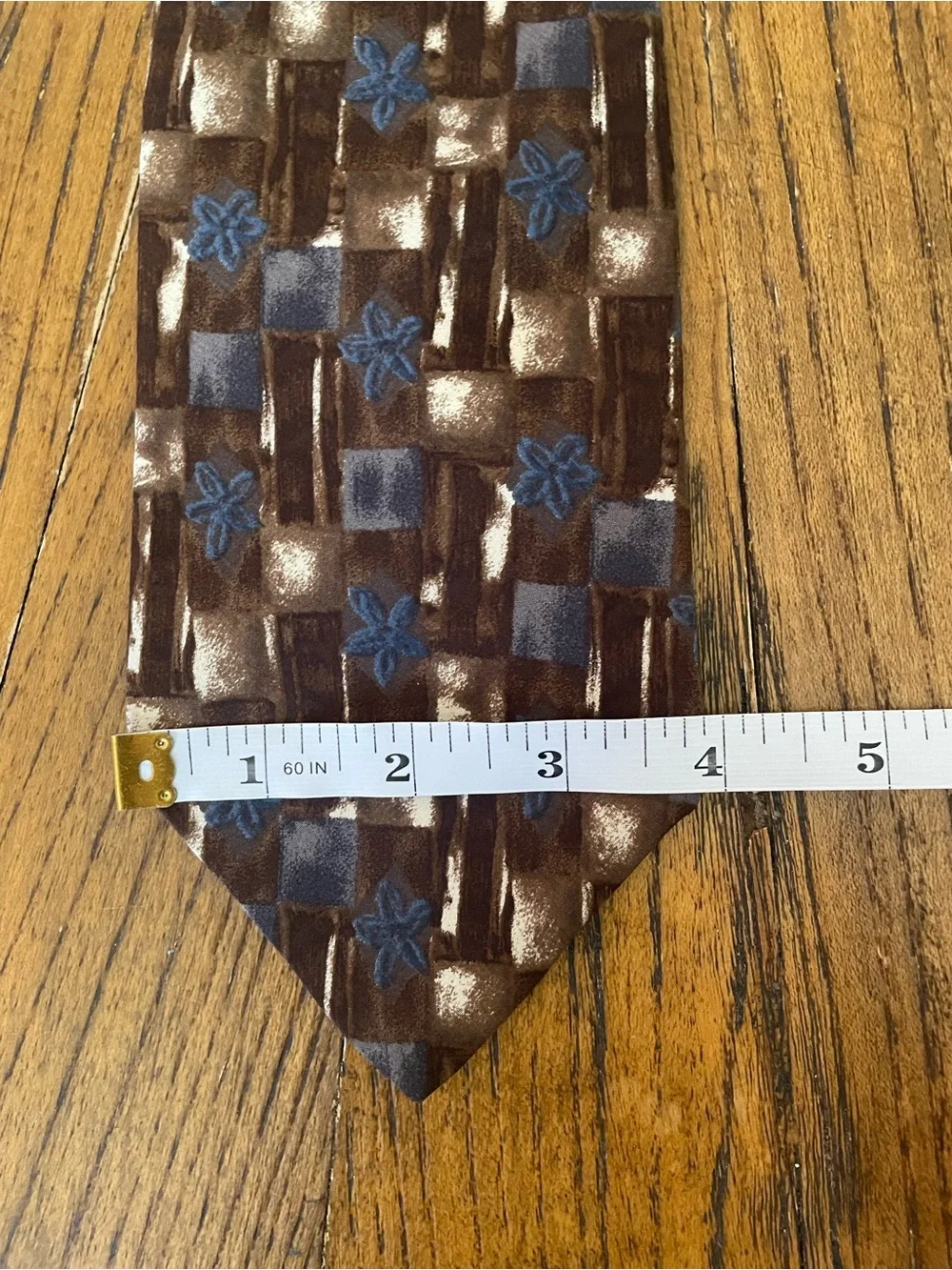 Zylos by George Machado Brown Silk Tie with Blue Floral and Geometric Pattern